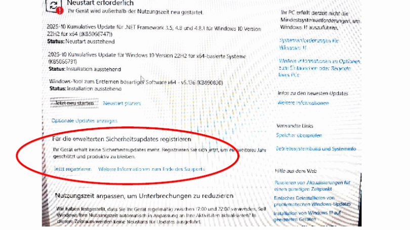 Bildschirmseite, wo angezeigt wird wie man sich für das erweiterte Sicherheits-Update registriert